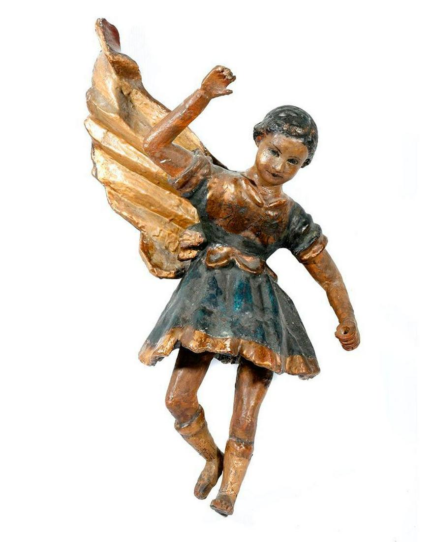 One-Winged Plaster Angel.: Approx. 24in x 19in x 11in. Condition: overall wear, old repairs/overpainting; one leg loose.