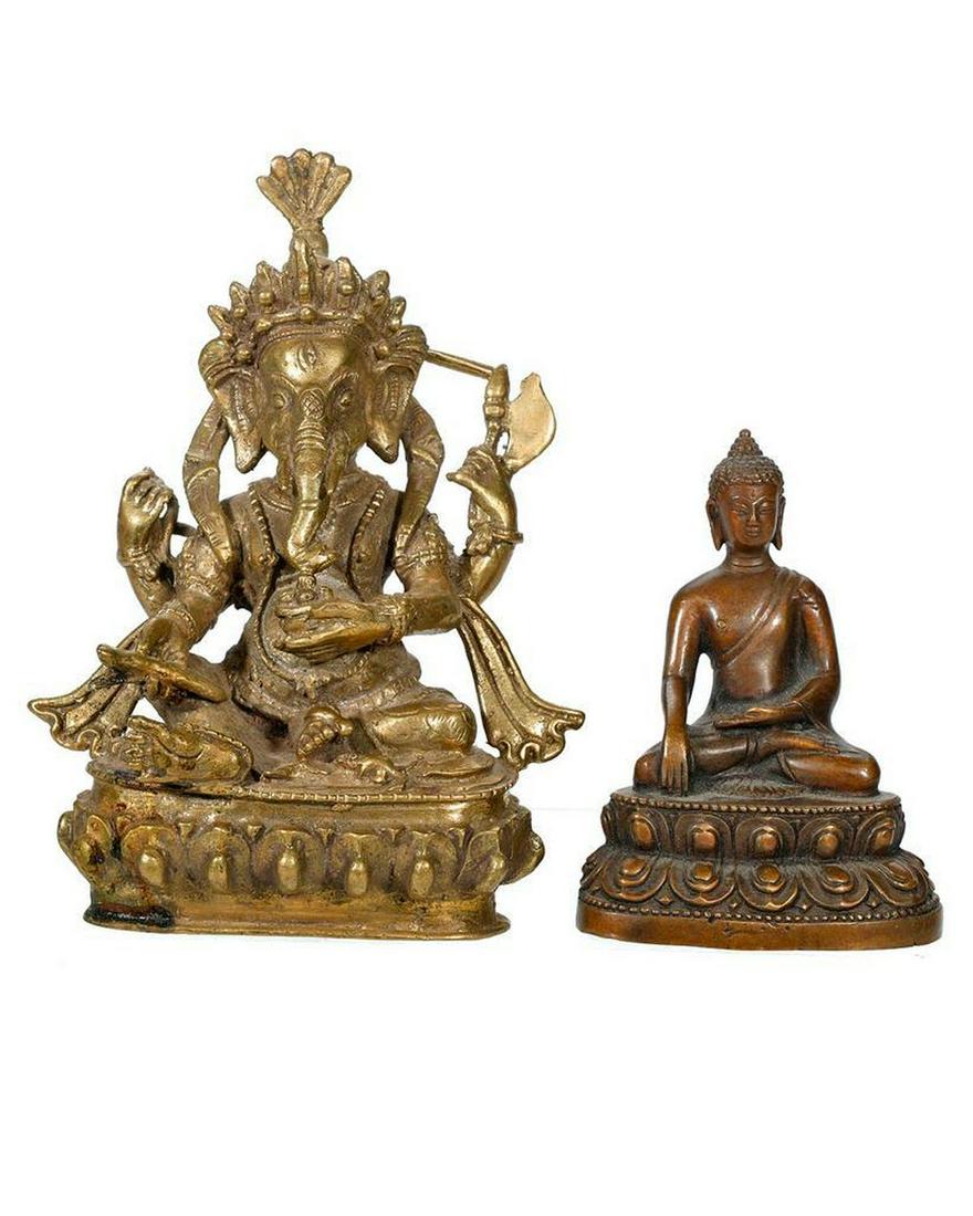 Two Small Brass Figures: Ganesh and Buddha. (1 of 7)