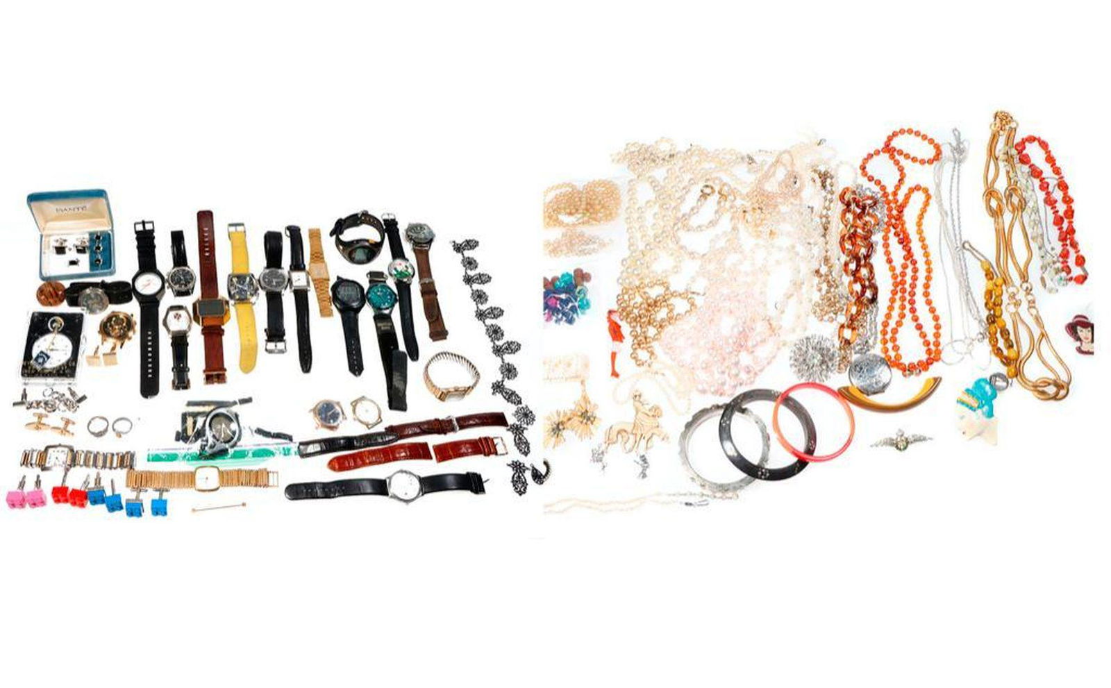 Collection of costume jewelry and watches: 75+ pieces, including necklaces, bracelets, brooches, rings, cufflinks and watches, including Cyma, Longines, Bulova, United Nude, Wittnauer, Lochman, Bernulli, Meylan, and Quarry