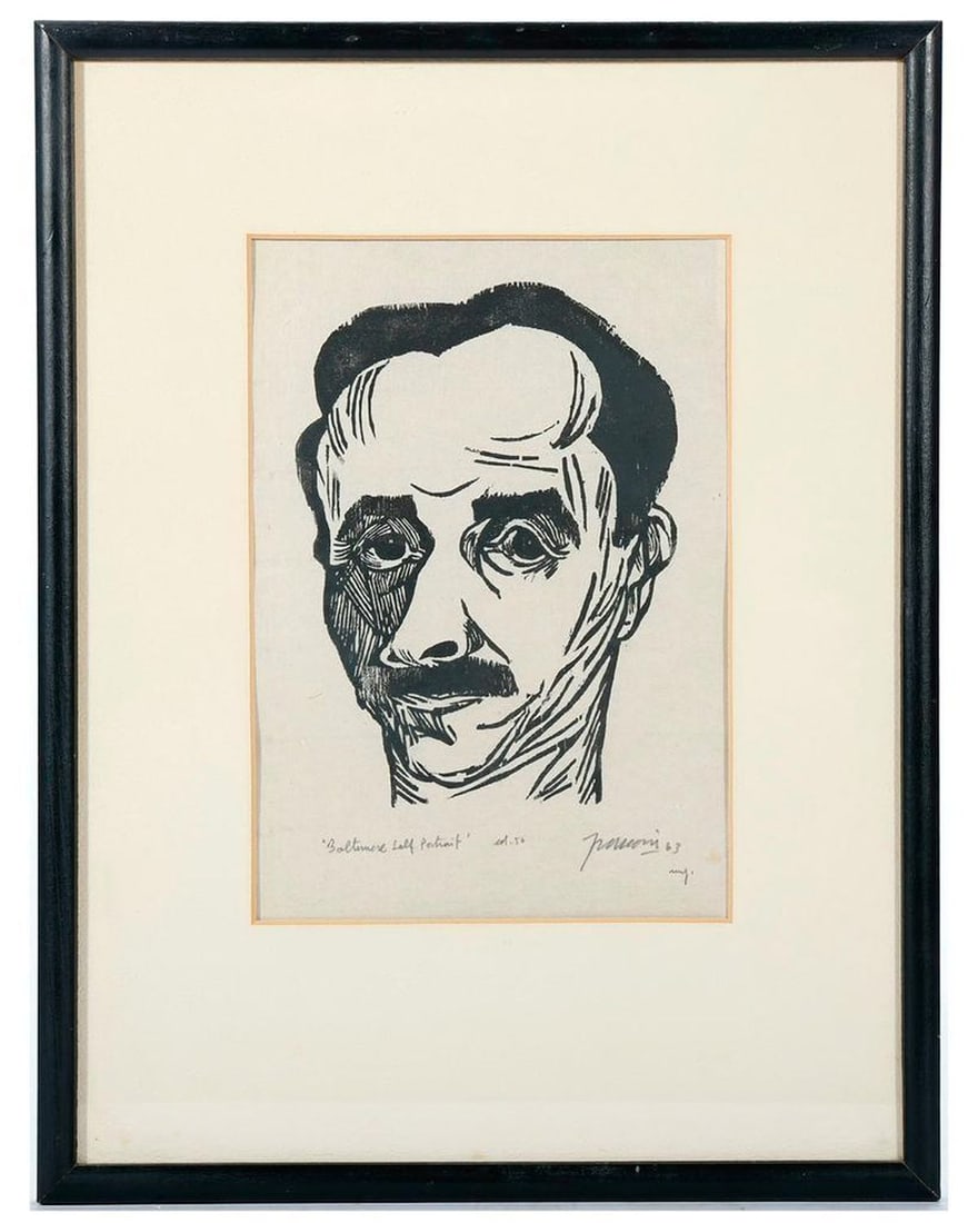 Antonio Frasconi (1919-2013): Baltimore Self-Portrait, 1963. Woodcut on wove paper, signed and titled in pencil, from an edition of 50, with margins, in good condition, framed. 7 1/8 x 5 1/4 in. (image); 16 x 12 in. (frame)