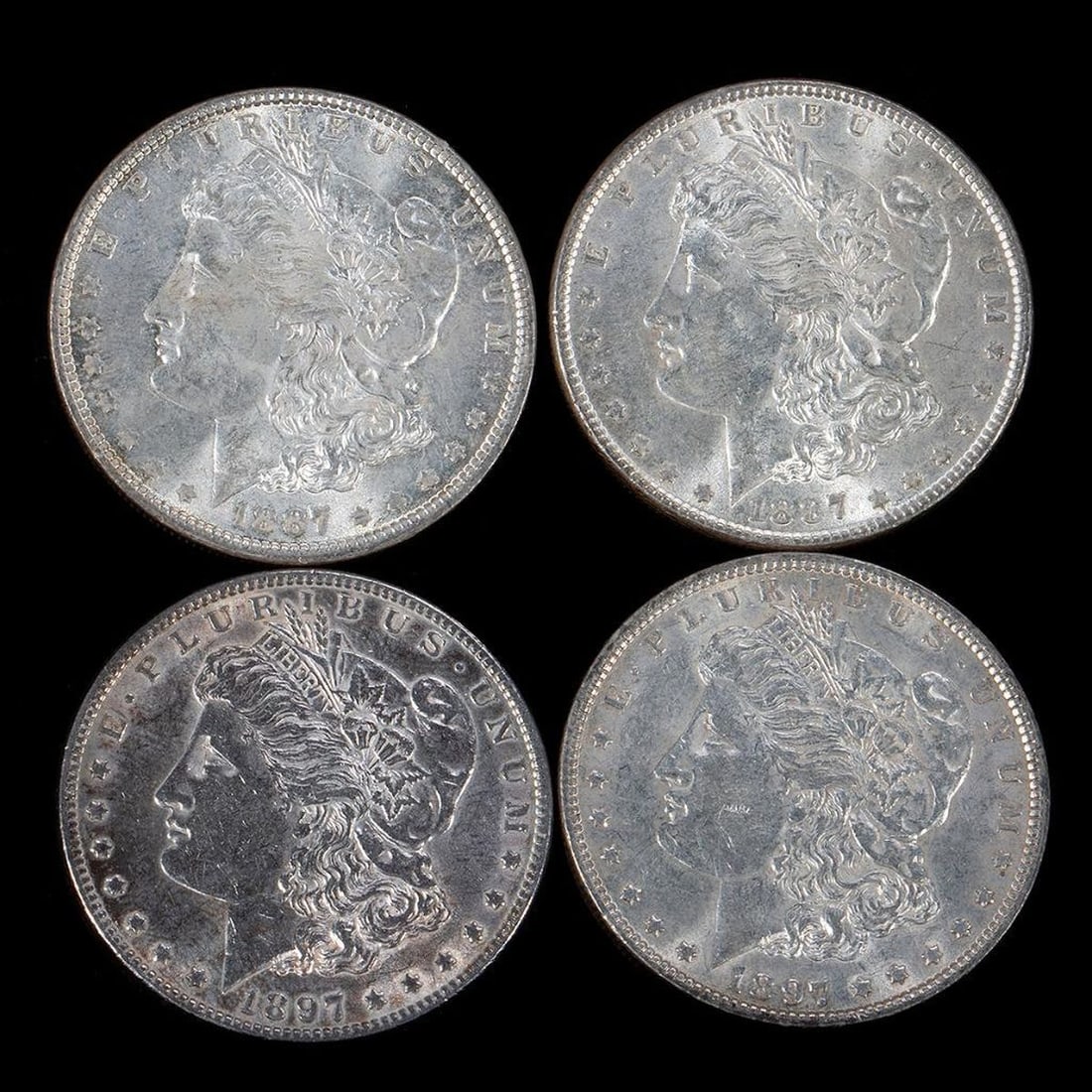 Four $1 Morgan Silver Dollar Coins (2) 1887, (2) 1897 (1 of 10)