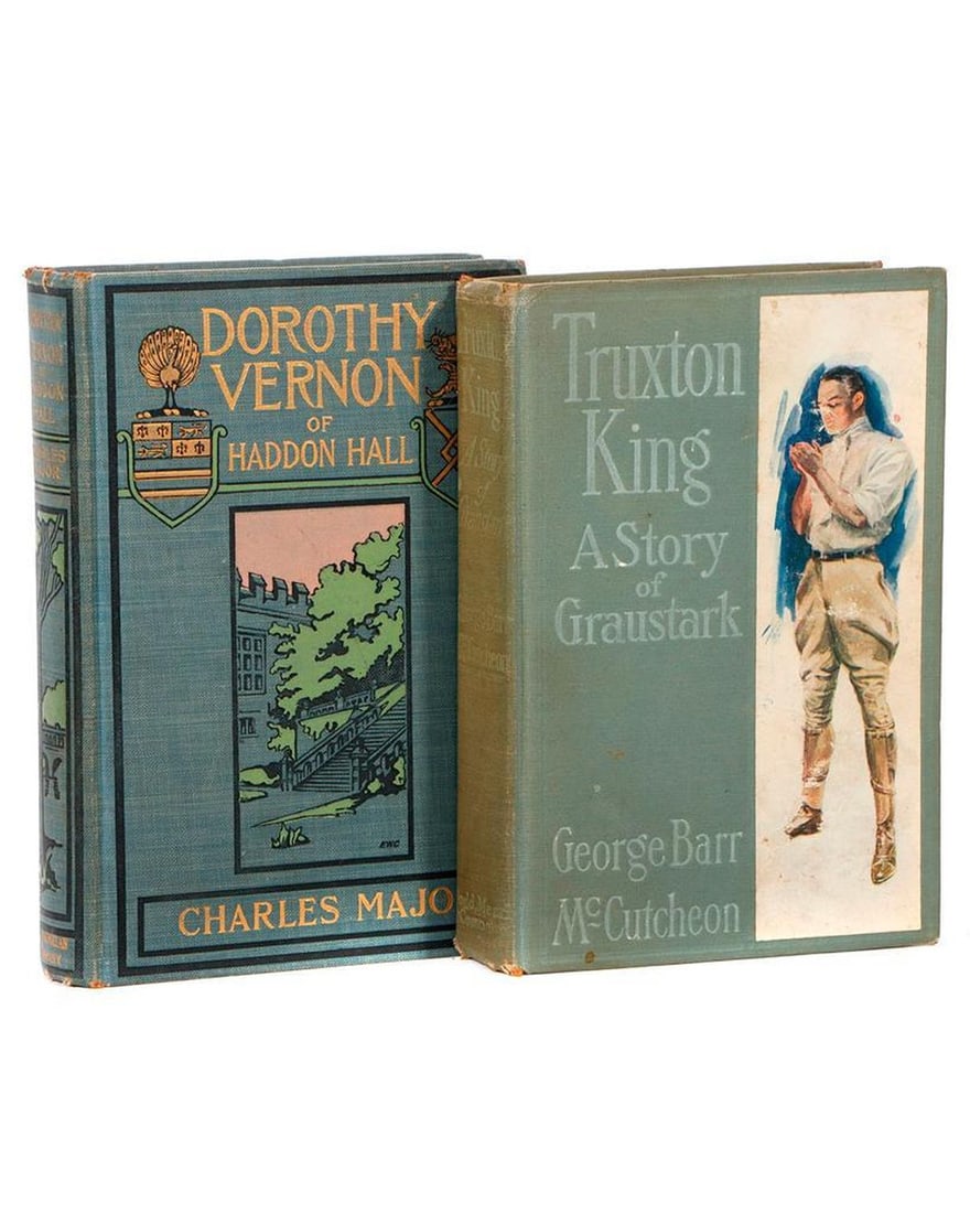 Two High Society Novels, 1900s.: 1.) MAJOR, CHARLES. Dorothy Vernon of Haddon Hall. New York/London: Macmillan & Co., 1902. Gilt pictorial blue cloth. TEG. Illustrations by Howard Chandler Christy. Condition: Good; edge/corner wear; 