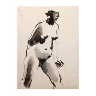 Attributed to Elmer Bischoff (1916-1991): Artist: Attributed to Elmer Bischoff (1916-1991). Untitled: Nude. Medium: Ink on paper. Dimensions: (housing size) 18 1/2 x 14 7/8 inches; (sight size) 11 3/4 x 8 5/8 inches. Housing: Black metal