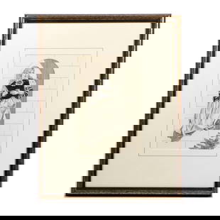 George Dehoff (21st Century): Artist: George Dehoff (21st Century). Titled: Tea Time. Signed LL: (lower case) d. Medium: Ink on paper. Dimensions: (housing size) 16 1/4 x 12 3/4 inches; (sight size) 8 5/8 x 5 5/8 inches. Housing: