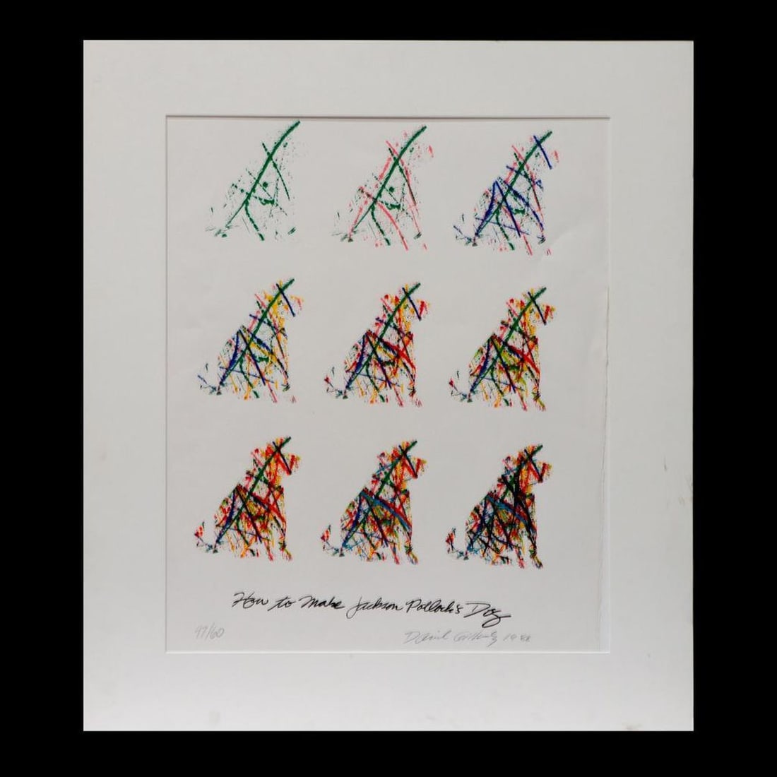 David Gilhooly (1943-2013): Artist: David Gilhooly (1943-2013). Titled LC: How to make Jackson Pollock's Dog. Signed and dated LR: David Gilhooly 1988. Medium: Monoprint. Dimensions: (Housing size) 34 x 30 inches; (Sight size) 2