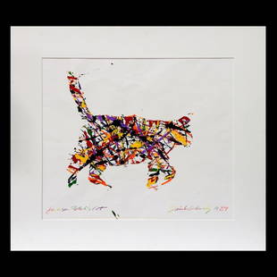 David Gilhooly (1943-2013): Artist: David Gilhooly (1943-2013). Titled LL: Jackson Pollock's Cat. Signed and dated LR: David Gilhooly 1989. Medium: Stencil with acrylic paint. Dimensions: (Housing size) 30 x 34 inches; (Sight si