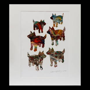 David Gilhooly (1943-2013): Artist: David Gilhooly (1943-2013). Titled: (verso) Multi-Dogs. Signed and dated LR: David Gilhooly 1988. Medium: Monoprint. Dimensions: (Housing size) 34 x 30 inches; (Sight size) 25 x 21 3/4