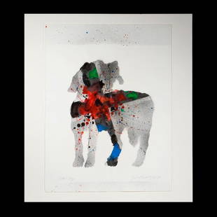 David Gilhooly (1943-2013): Artist: David Gilhooly (1943-2013) Titled LL: Sam's Dog. Signed and dated LR: David Gilhooly 1987. Medium: Hand-colored stencil. Dimensions: (Housing size) 34 x 30 inches; (Image size) 30 x 22 1/2 inc