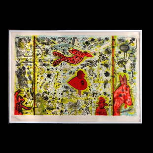 Roy De Forest (1930-2007): Artist: Roy De Forest (1930-2007). Titled: History of Flight. Signed LL: Roy De Forest. Numbered LR: 12/3.0 Medium: Lithograph. Dimensions: (housing size) 42 x 60 inches; (image size) 36 x 55 inches.