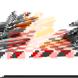 Erin Wells (21st Century): Artist: Erin Wells (21st Century). Attribution and title: (label to back) Erin Wells, Dog Pile 3. Medium: Ceramic on canvas. Dimensions: 17 x 8 x 17 inches. Description: A pile of hot dogs (some with