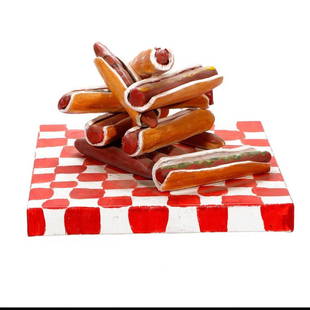 Erin Wells (21st Century): Artist: Erin Wells (21st Century). Attribution and title: (label to back) Erin Wells, Dog Pile 3. Medium: Ceramic on canvas. Dimensions: 17 x 8 x 17 inches. Description: A pile of hot dogs (some with