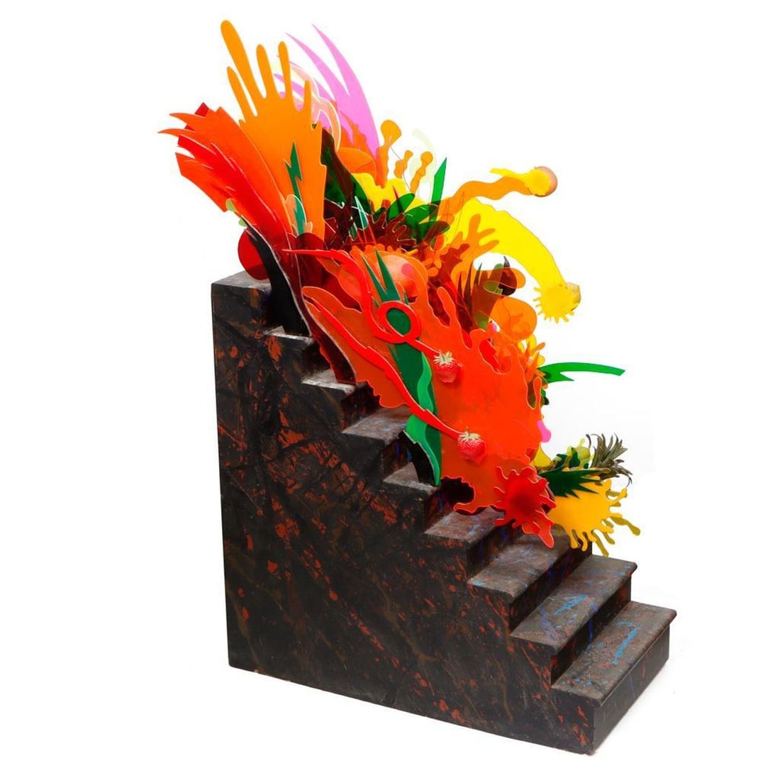 David Gilhooly (1943-2013): Artist: David Gilhooly (1943-2013) Titled: Fruit Descending the Staircase Medium: Mixed media Dimensions: 45 1/2 x 34 x 15 inches Description: A black wooden staircase with blue and red paint splatter