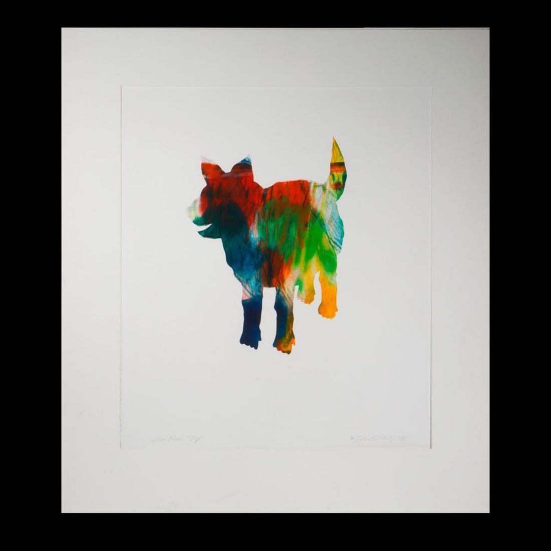 David Gilhooly (1943-2013): Artist: David Gilhooly (1943-2013). Titled LL: Sam Francis' Dog. Signed and dated LR: David Gilhooly 1985. Medium: Monoprint. Dimensions: (Housing size) 34 x 30 inches; (Sight size) 25 1/2 x 21 3/4 in