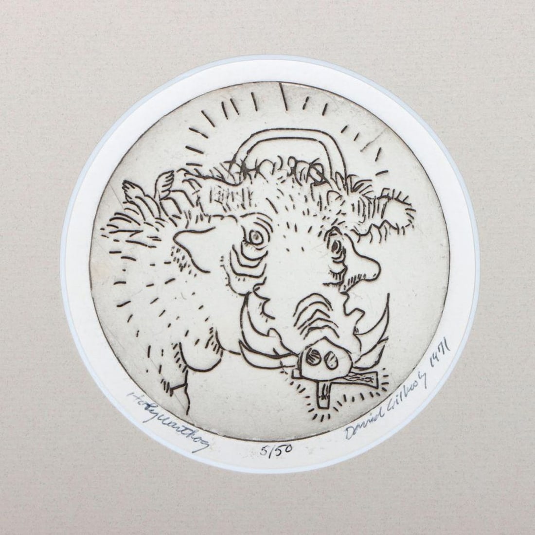David Gilhooly (1943-2013): Artist: David Gilhooly (1943-2013). Titled LL: Holy Warthog. Signed and dated LR: David Gilhooly 1971. Numbered LC: 5/50. Medium: Black ink on paper (etching). Dimensions: (Housing size) 9 x 8 1/2 inc