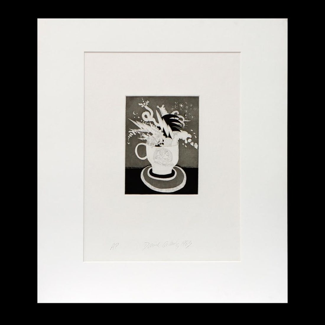 David Gilhooly (1943-2013): Artist: David Gilhooly (1943-2013). Signed and dated LC: David Gilhooly 1983. Titled: Royal Visit / First Morning Cup of Paula's Coffee. Numbered LL: A/P. Medium: Black ink on paper (etching). Dimensi