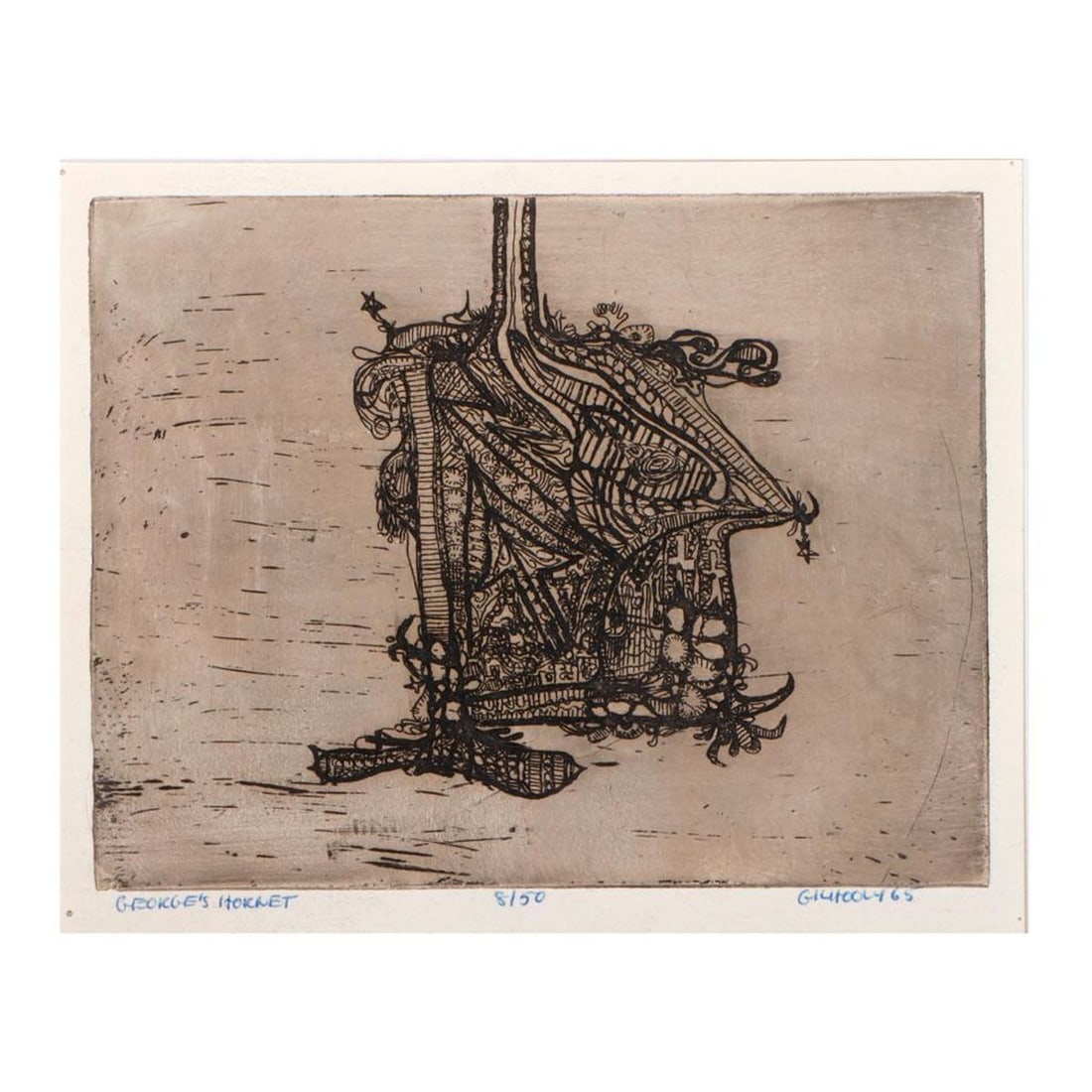 David Gilhooly (1943-2013): Artist: David Gilhooly (1943-2013). Titled LL: George's Hornet. Signed and dated LR: Gilhooly 65. Numbered LC: 8/50. Medium: Black ink on paper (etching). Dimensions: (Housing size) 12 7/8 x 12 1/2 in