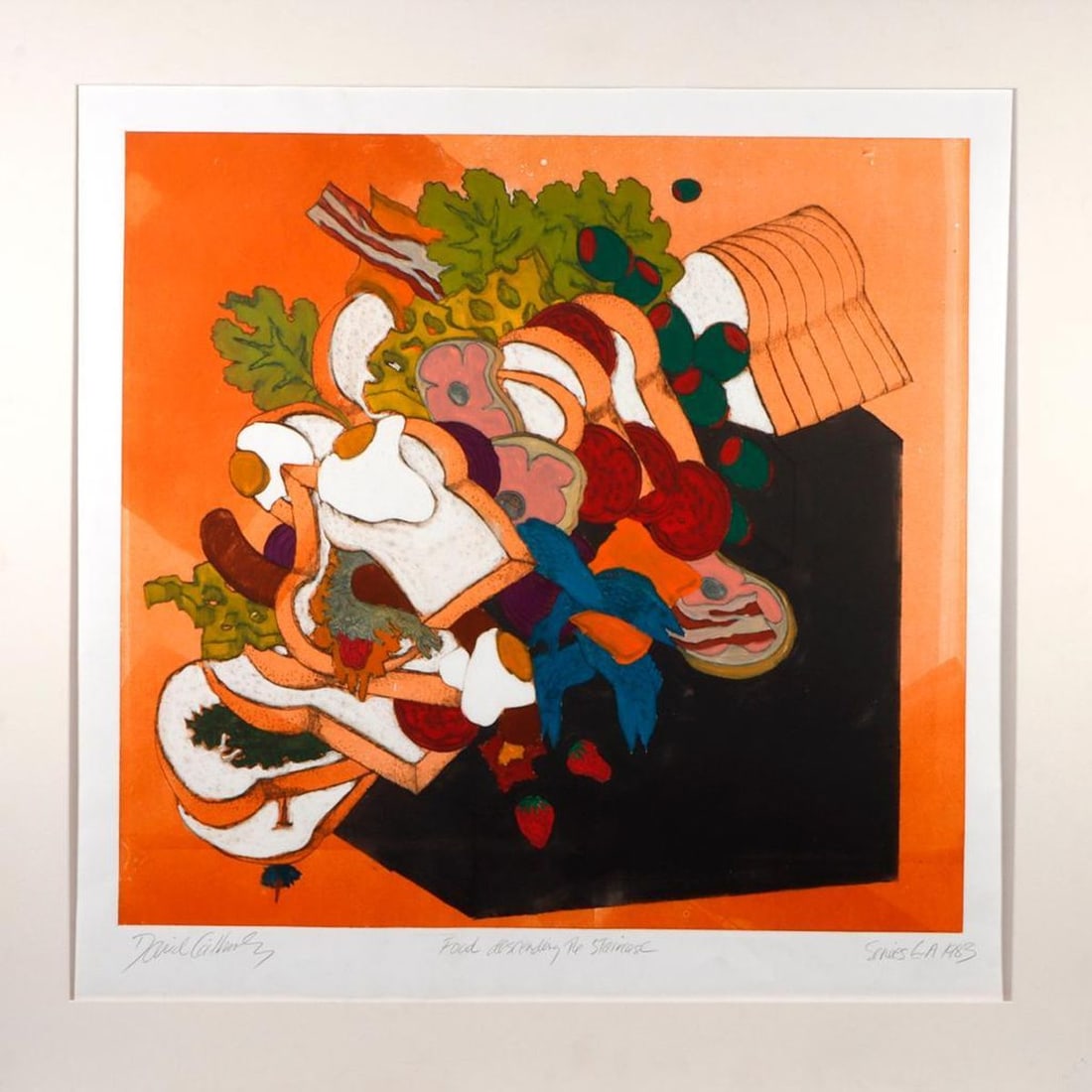 David Gilhooly (1943-2013): Artist: David Gilhooly (1943-2013). Titled LC: Food Descending the Staircase. Signed LL: David Gilhooly. Numbered and dated LR: Series 6-A 1983. Medium: Hand-colored etching. Dimensions: (Housing size