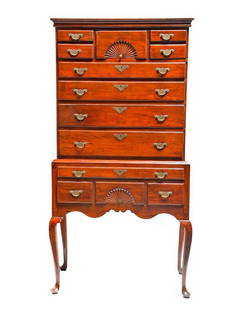 Queen Anne Carved Maple Flat-top High Chest.: Connecticut, Third Quarter 18th Century. 74in h x 38 1/2in w x 21in d. Condition: Retains a later refinished and stained surface; brasses replaced.