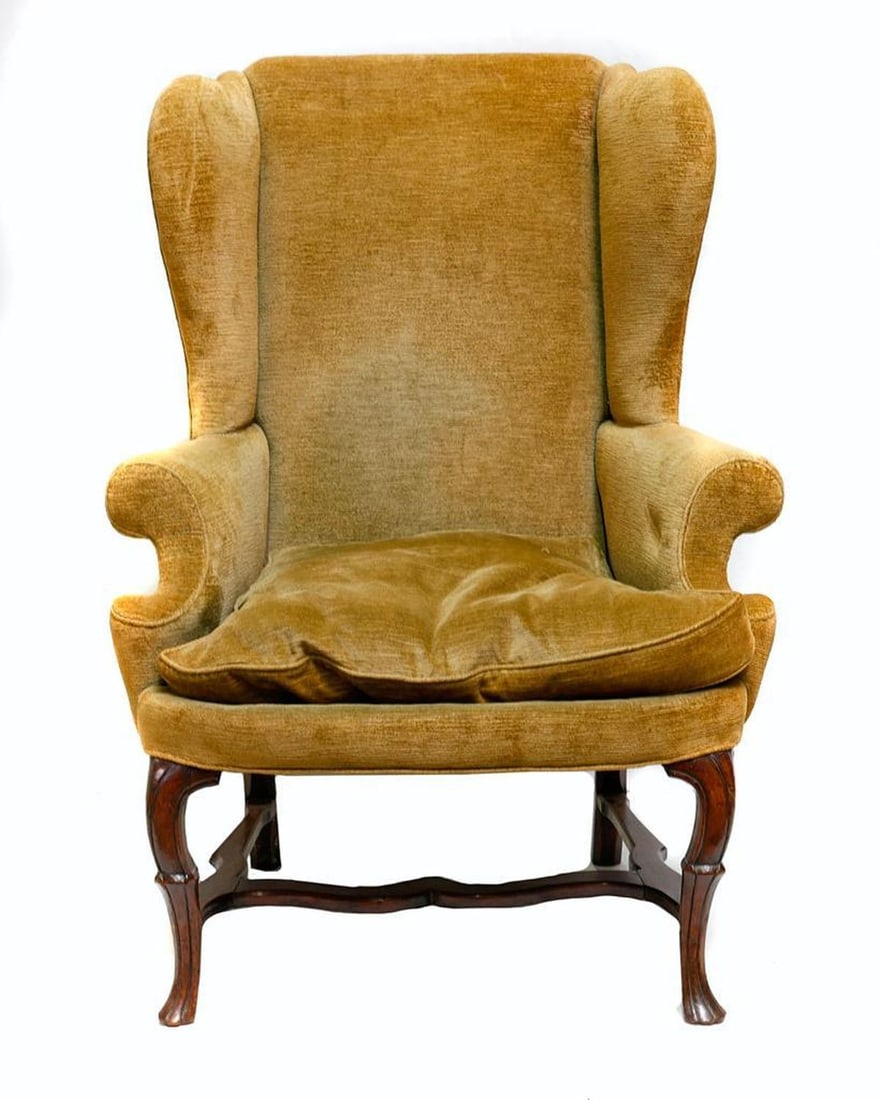 Queen Anne Carved Walnut Upholstered Winged Armchair. (1 of 4)