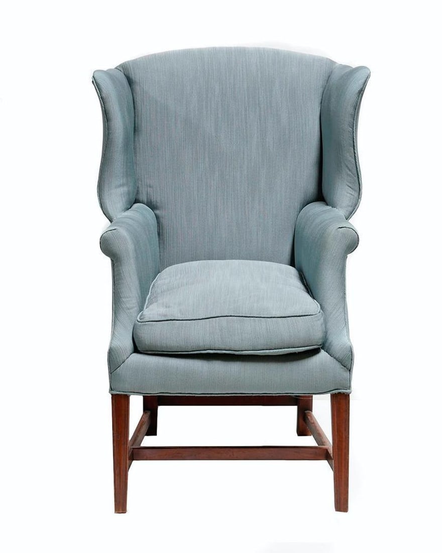 Federal Mahogany Upholstered Winged Armchair.: First Quarter 19th Century. 44in h x 30in w.