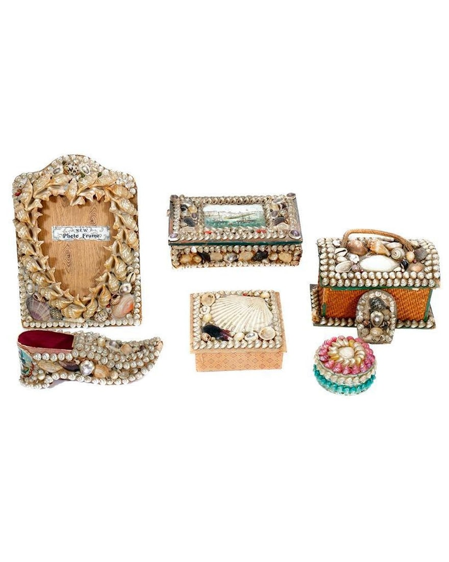 Group of Seven Shellwork Table Articles. (1 of 5)