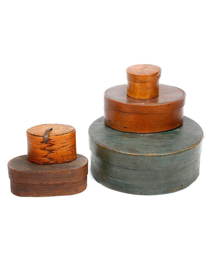 Five Bentwood Boxes.: 19th Century. Greatest dimension 4 1/2in h x 10 1/2in diam.