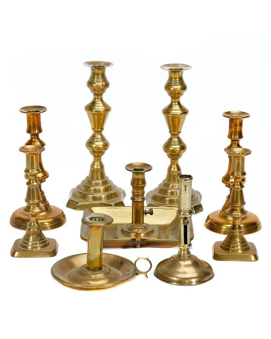 Group of Nine Brass Candlesticks. (1 of 2)