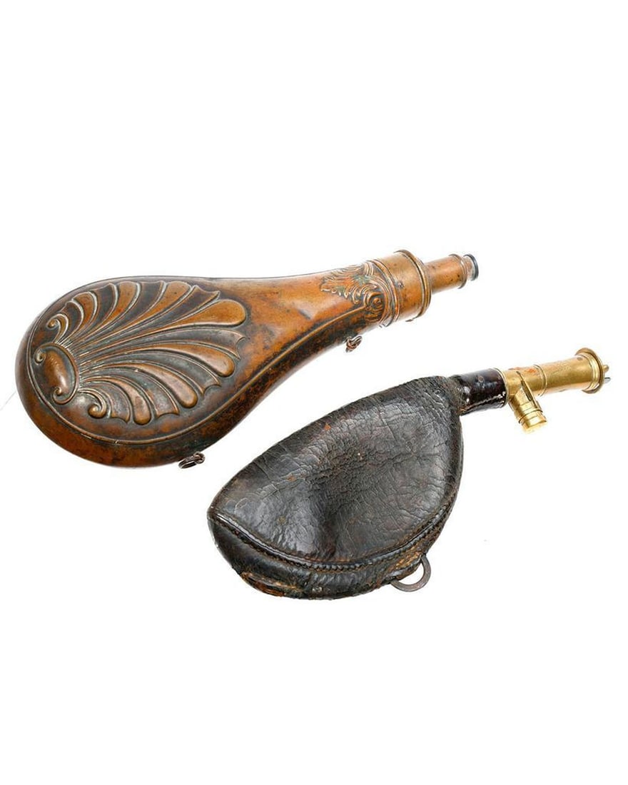 Two Brass and Leather Powder Horns. (1 of 3)