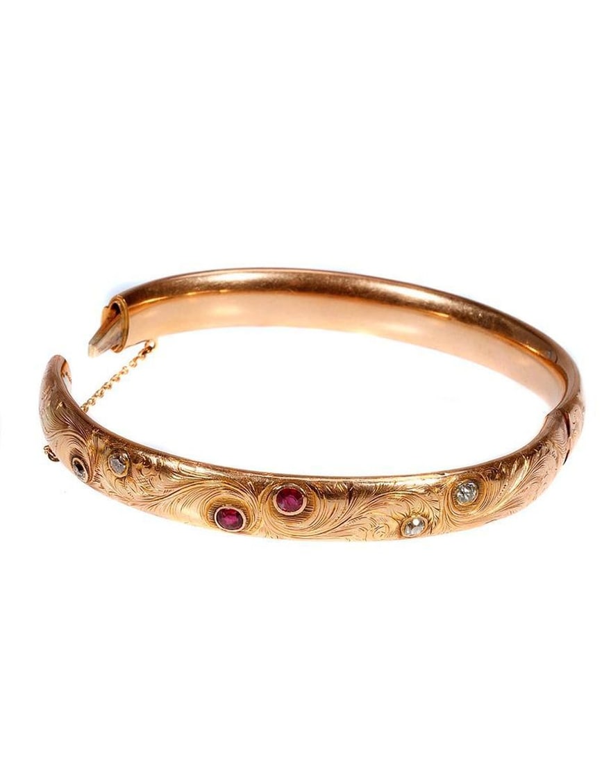 An Antique Diamond, Ruby and 14k Gold Bangle Bracelet. (1 of 3)