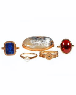 Collection of Stone-Set and 14k Gold Jewelry.: Comprising four rings and a brooch (with metal findings), set with agate, diamond, garnet, lapis and cultured pearl; gross weight approximately 19.6 grams; brooch length: 1 1/4in.; ring size range: 4