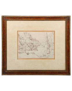 AFTER HIRSCHVOGEL, Augustin (1503-1553).: Artist: After Augustin Hirschvogel (1503-1553). Title/Description: River town landscape. Signature: Unsigned. Date: 1532. Medium: Ink on paper. Size: 5 3/4in x 7 7/8in; frame 13in x 14 3/4in. Conditio