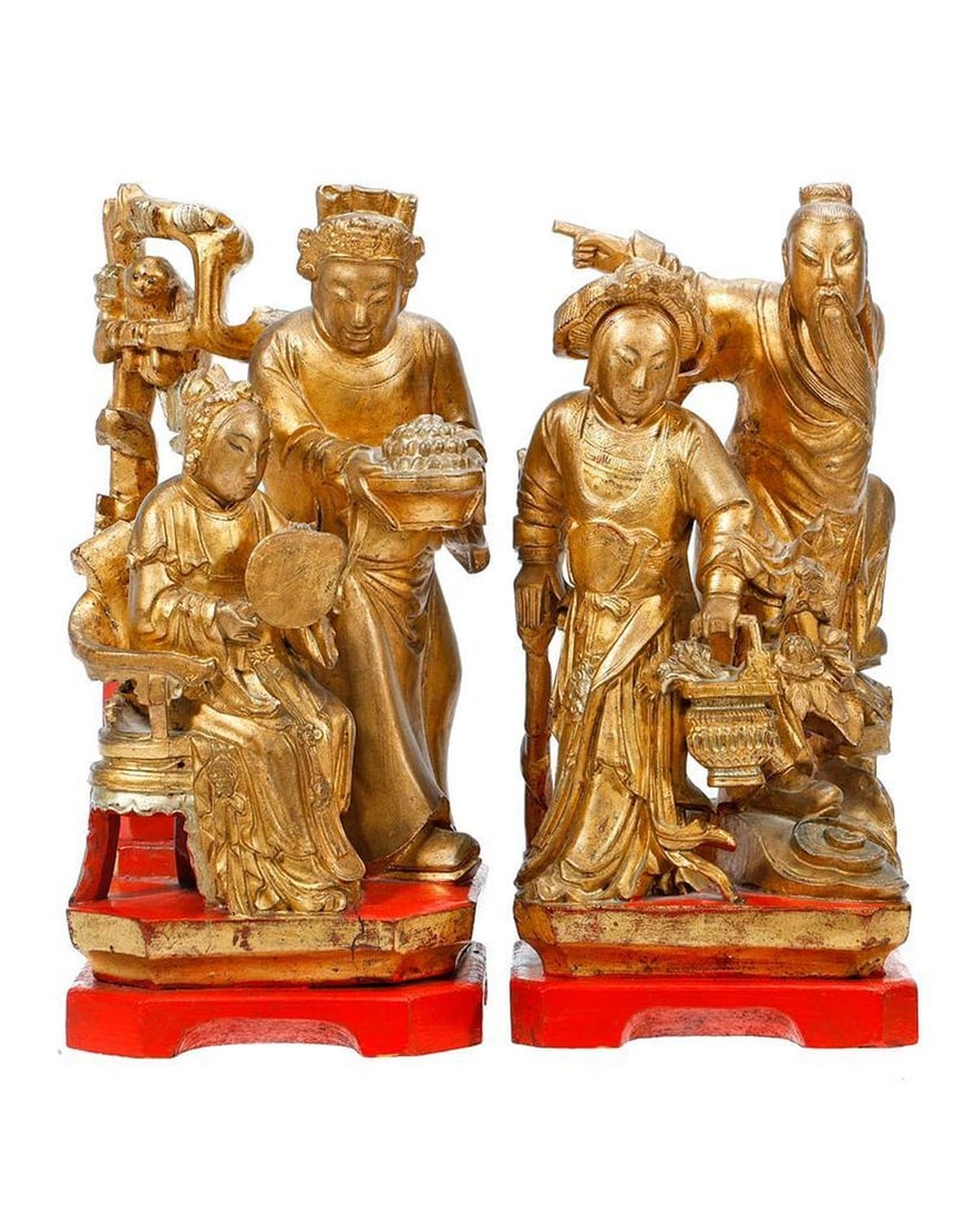 Two Chinese Gilt Lacquered Temple Figural Groups. (1 of 3)