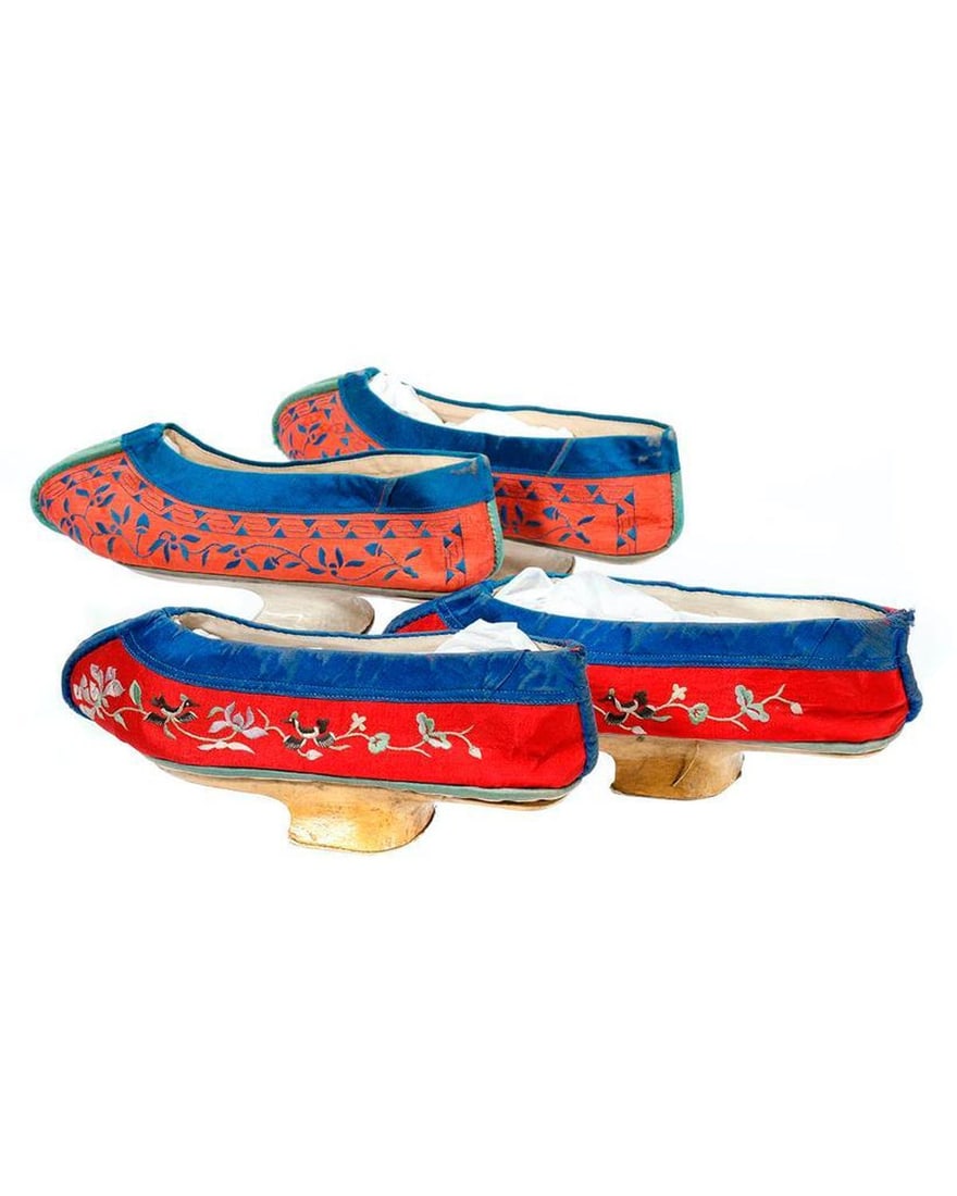 Two Pairs of Chinese Silk High-Heeled Shoes. (1 of 3)