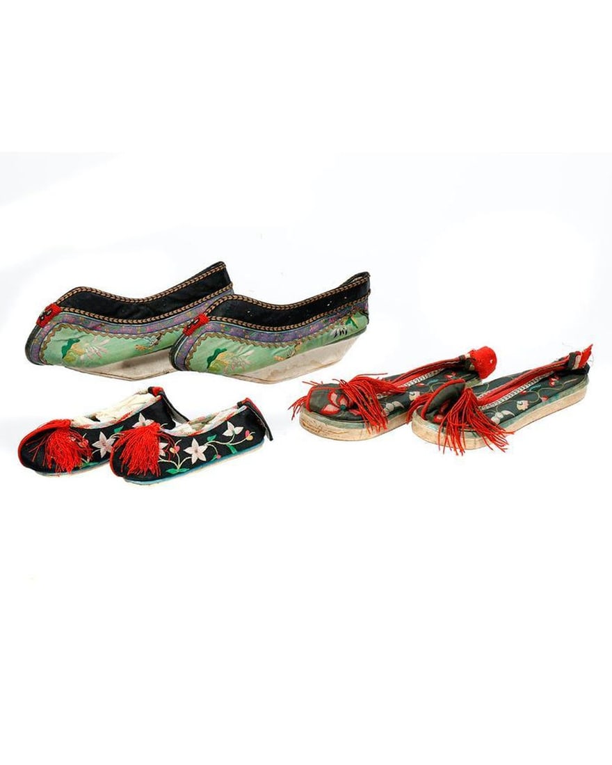 Three Pairs of Chinese Silk Embroidered Shoes. (1 of 4)