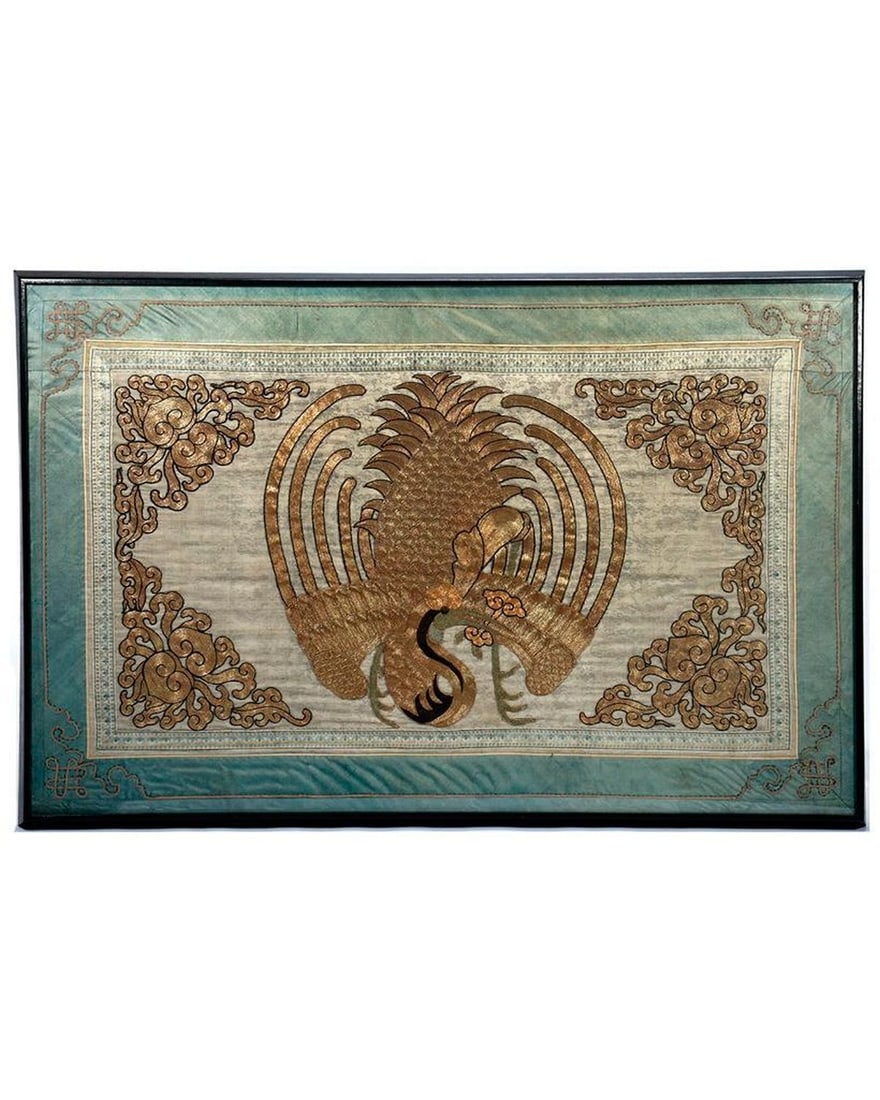 Chinese Gold Embroidery/Applique Silk Panel.: The panel is centered by a gold-embroidered applique bird form, with similar scrolling applique corners; with silk and ribbon work borders; 25in x 39in (frame 26 1/2in x 40 1/4in). Condition: Fading; 