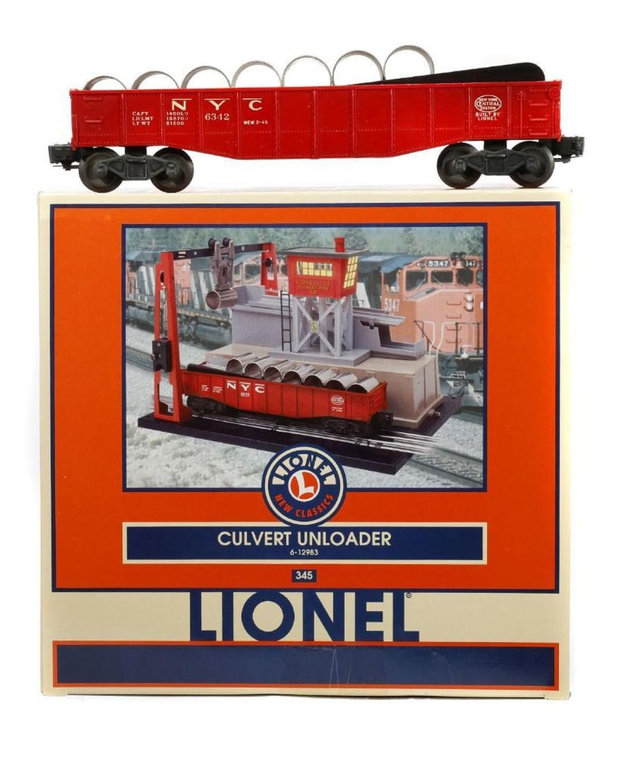 Lionel O Ga Modern Culvert Unlder & Gondola: Lionel O Gauge Modern Culvert Unloader & Postwar 6342 Culvert Gondola 6-12983 345 Culvert Unloader in original packaging 6342 Red Culvert Gondola with 7 Culvert Pieces - no box