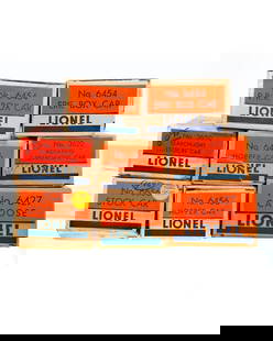 (8) Lionel O Gauge Postwar Freight Cars: 8 Lionel O Gauge Postwar Freight Cars 3620 Lionel Lines gray depressed center, die cast flat car with rotating search light. Search light, generator, brake wheel/stand, steps, trucks and couplers inta