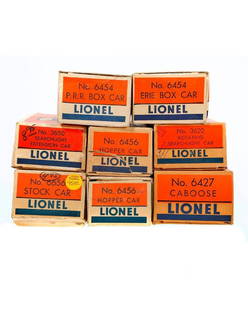 (8) Lionel O Gauge Postwar Freight Cars: 8 Lionel O Gauge Postwar Freight Cars 3620 Lionel Lines gray depressed center, die cast flat car with rotating search light. Search light, generator, brake wheel/stand, steps, trucks and couplers