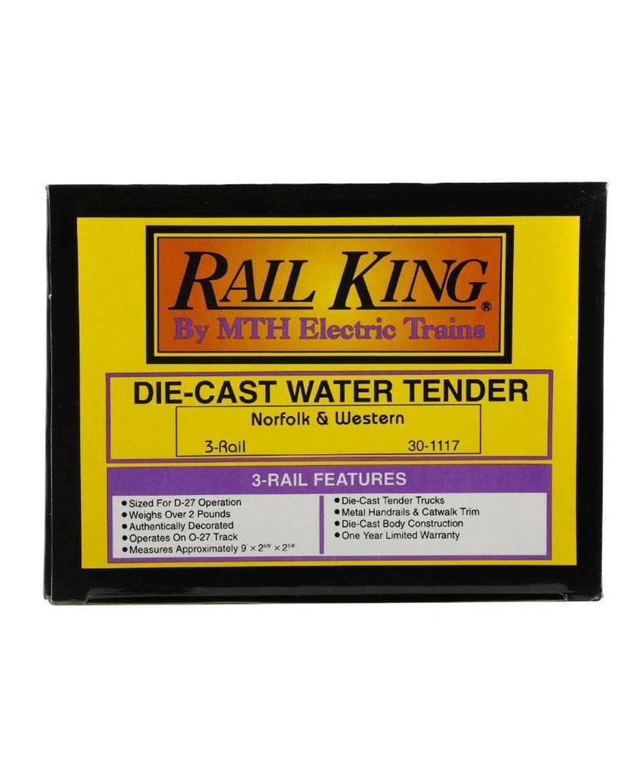 Rail King O Gauge 30-1117 N & W Water Tender: MTH Rail King O Gauge 30-1117 Norfolk & Western Die-Cast Water Tender in original packaging.