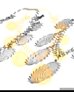 A gold coin and 14k gold charm bracelet: featuring six US coins including a 1923 $20 St. Gaudens Double Eagle, a 1910 $10 Indian Gold Eagle, a 1901 $5 Liberty Half Eagle, a 1912 $5 Indian Head, a 1915 $2 1/2 Indian Quarter Eagle, and a $1 Li