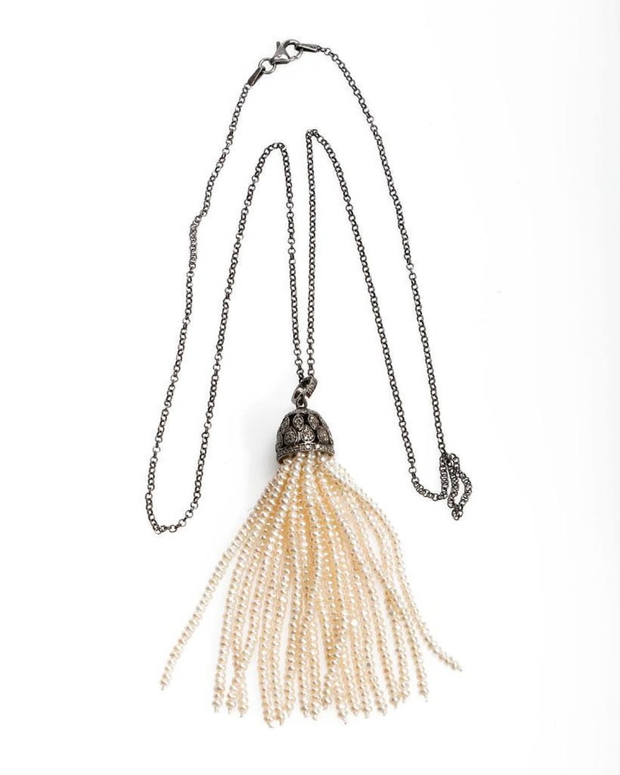 A seed pearl, diamond, silver tassel pendant-necklace (1 of 2)