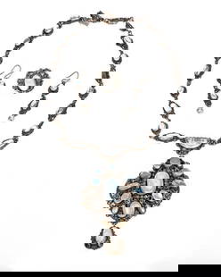 Antique moonstone and silver suite: comprising a necklace, ring and pair of earrings with cultured pearls, set with oval and half-moon cabochons, the largest measuring approximately 23 x 13mm; gross weight approximately: 83.7 grams; nec