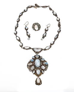 Antique moonstone and silver suite: comprising a necklace, ring and pair of earrings with cultured pearls, set with oval and half-moon cabochons, the largest measuring approximately 23 x 13mm; gross weight approximately: 83.7 grams;