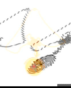 An 18k gold locket: with faux pearls and red stones, and 14k gold chain; gross weight approximately 7.7 grams; chain length: 17in., pendant length: 1 1/2in.PLEASE NOTE: For combined purchases over $250, Turner Auctions w