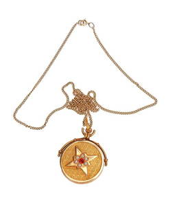 An 18k gold locket: with faux pearls and red stones, and 14k gold chain; gross weight approximately 7.7 grams; chain length: 17in., pendant length: 1 1/2in.PLEASE NOTE: For combined purchases over $250, Turner Auctions