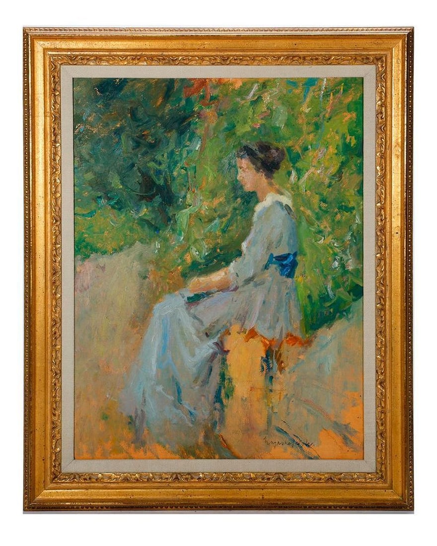 Max Mayrshofer (1875-1950): Girl sitting in a park-landscape. Oil on board. Signed (lower right), in good condition, framed. 23 x 17 1/2 in. (image); 29 x 23 1/2 in. (frame).
