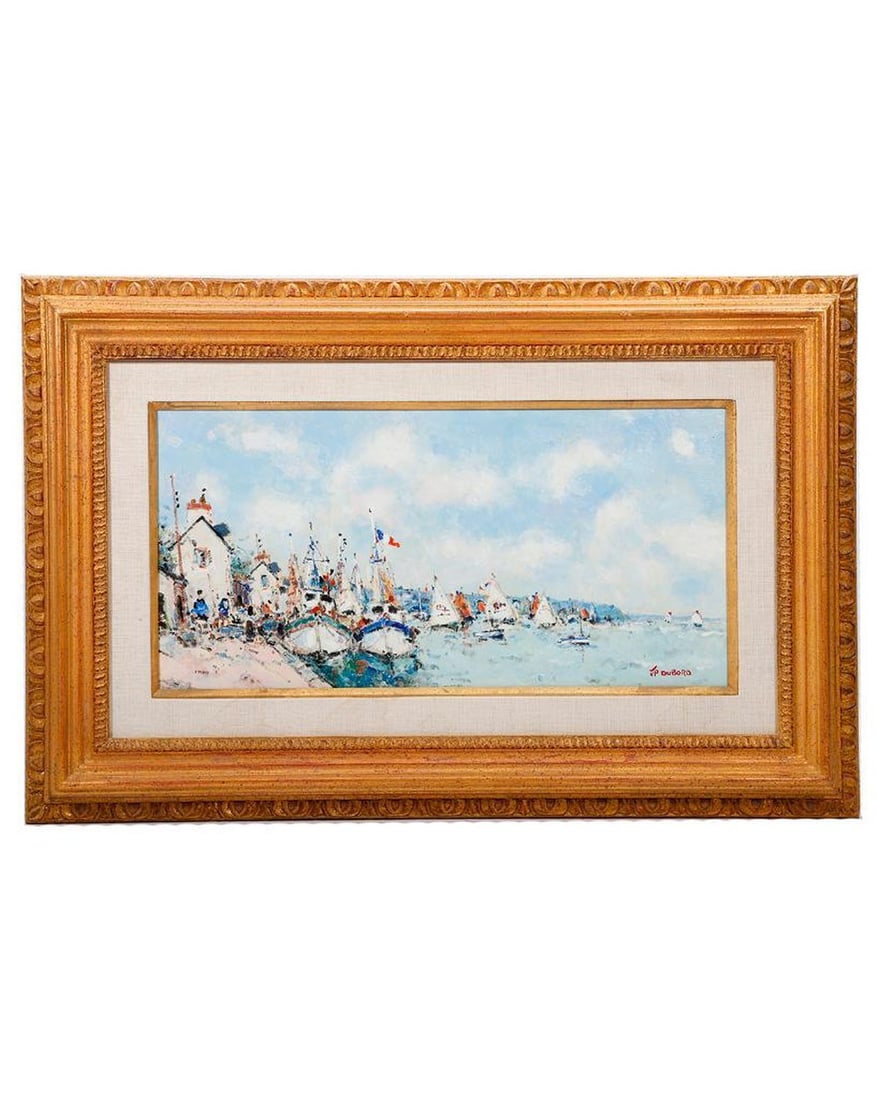 Jean-Pierre Dubord (1949-Present): Artist: Jean-Pierre Dubord (1949-Present) Description/title: (to canvas verso) "les Bateaux au Port", sail boats docked at harbor. Medium: Oil on canvas Dimensions: (sight size) 9" x 19", (frame size)