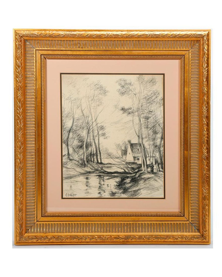 In the style of Jean-Baptiste-Camille Corot: Description/Title: Landscape drawing with hut and fallen tree in the style of Jean-Baptiste-Camille Corot. Medium: Charcoal on paper Dimensions: (sight size) 11 1/2" x 9 1/4", (frame size) 19 3/4" x 1