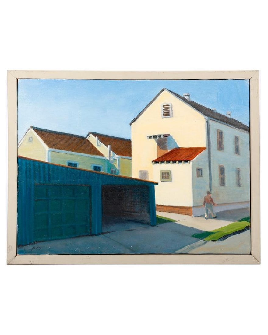 Phillip C. Thompson (20th Century): Artist: (signed lower left) "P C T", Phillip C Thompson Description/title: (to verso) "Mac Heading Home", depiction of a man walking down the sidewalk. Medium: Oil on canvas Dimensions: (sight size) 1