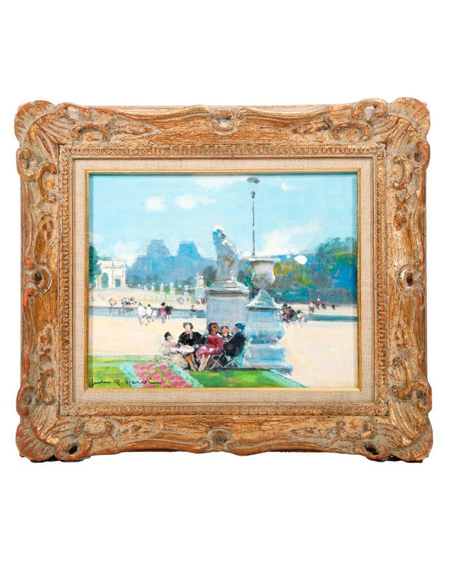 Lulu Harris (20th Century): Artist: (signed lower left) Lulu Harris Description/title: Scene in a Parisian park. Medium: Oil on canvas Dimensions: (sight size) 8" x 10", (frame size) 13" x 15" Condition: Good